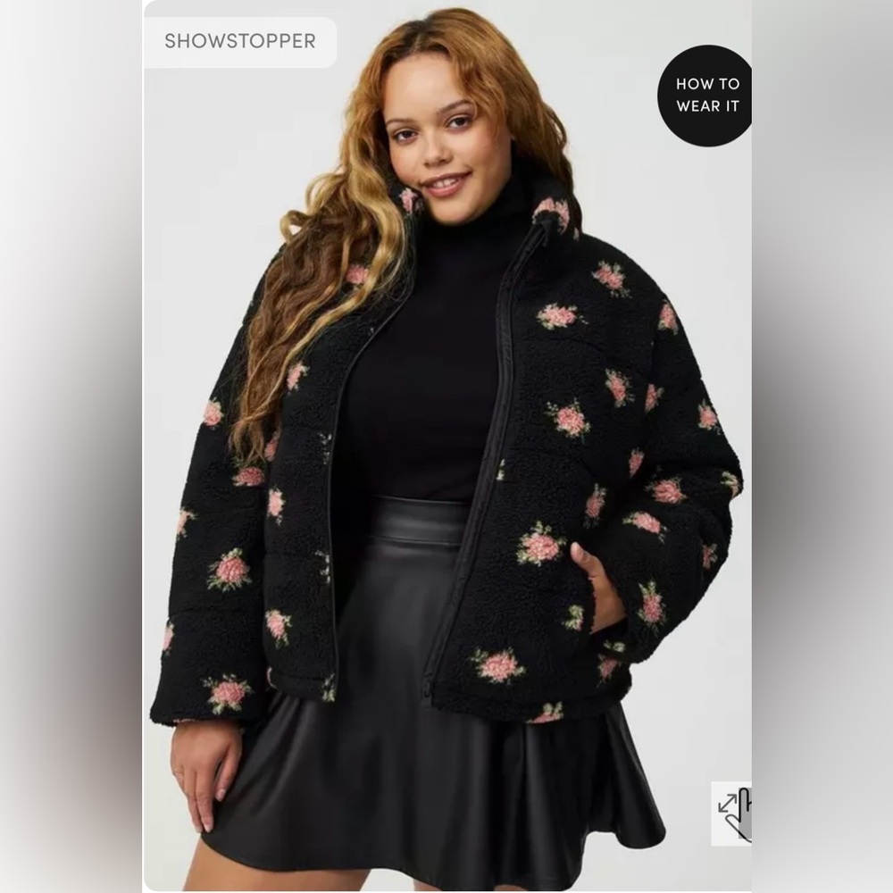 TORRID PLUS SIZE SHERPA HIPSTER PUFFER JACKET ETHEL FLORAL DEEP BLACK SIZE 4X